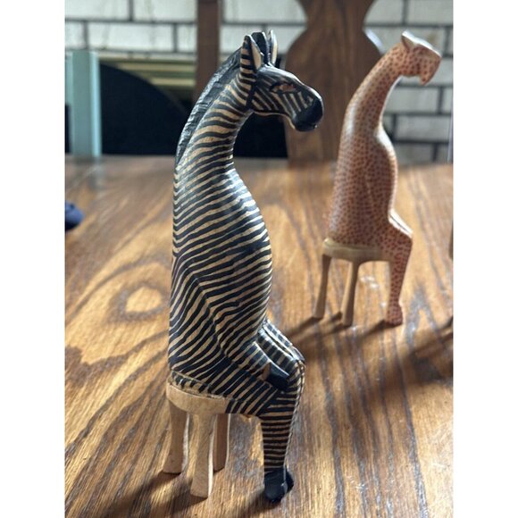 Kenya Wood Hand Carved 3 Party Animals Sitting Made Kenya Zebra, Lion, Cheetah‎ - Picture 5 of 10
